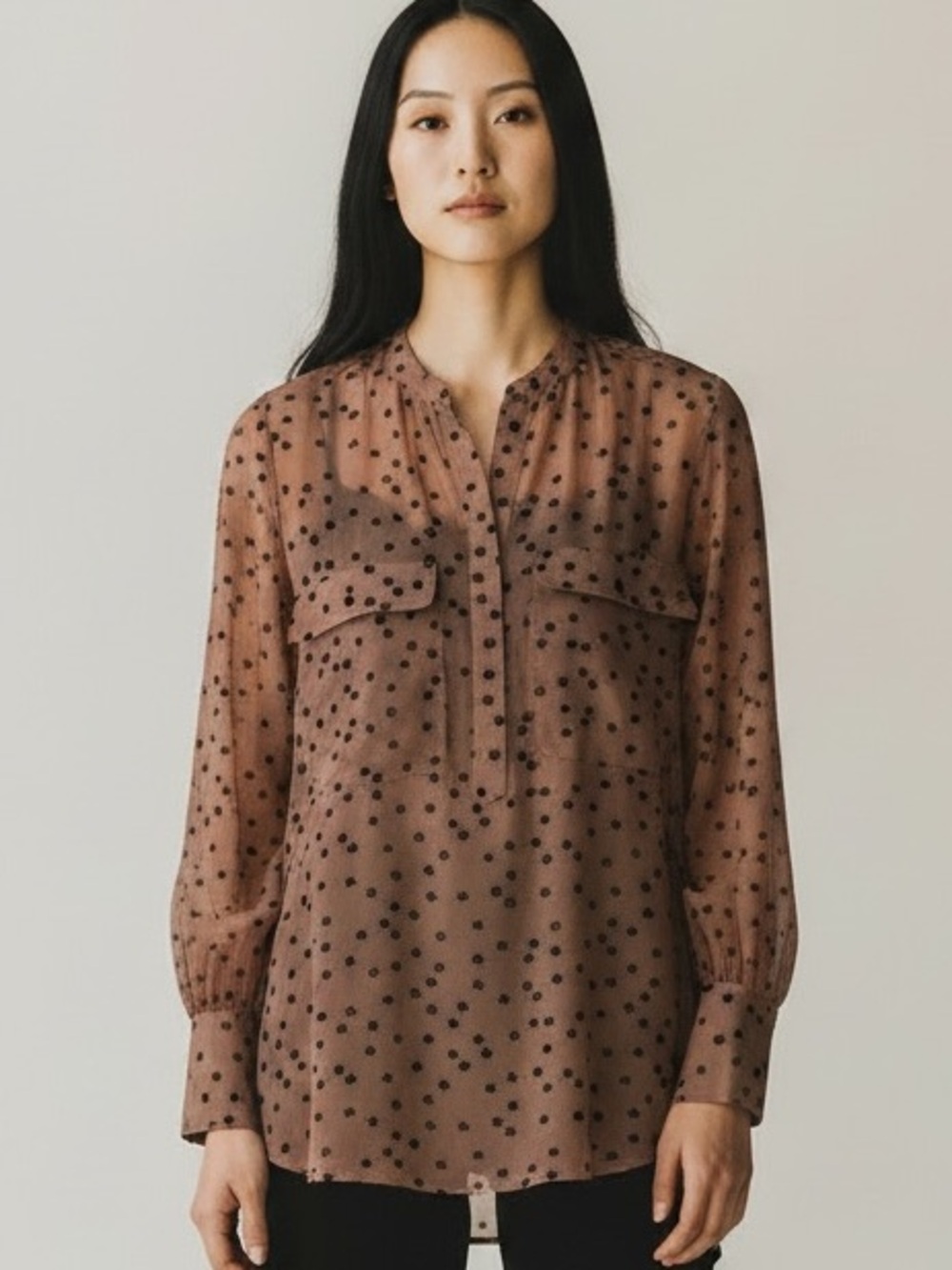All Saints Picolina Star Embroidered L/S Shirt Size 4 Cocoa Brown Black Sheer